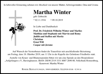 Traueranzeige von Martha Winter von Hannoversche Allgemeine Zeitung/Neue Presse