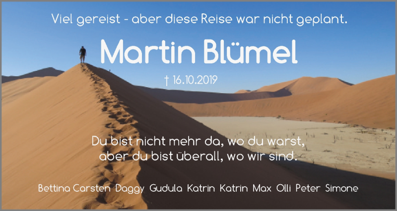  Traueranzeige für Martin Blümel vom 23.10.2019 aus Hannoversche Allgemeine Zeitung/Neue Presse