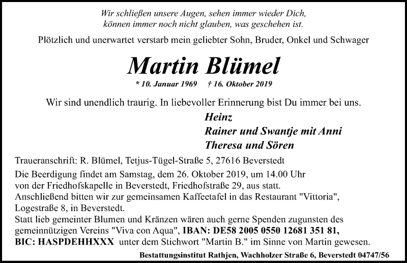  Traueranzeige für Martin Blümel vom 23.10.2019 aus Hannoversche Allgemeine Zeitung/Neue Presse
