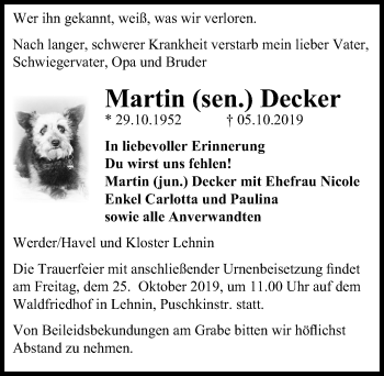Traueranzeige von Martin Decker von Märkischen Allgemeine Zeitung