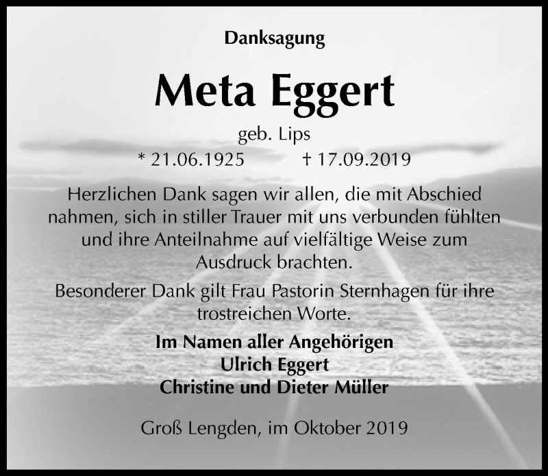  Traueranzeige für Meta Eggert vom 12.10.2019 aus Göttinger Tageblatt