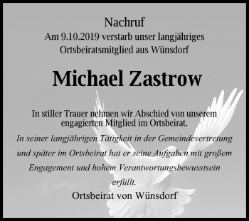 Traueranzeige von Michael Zastrow von Märkischen Allgemeine Zeitung