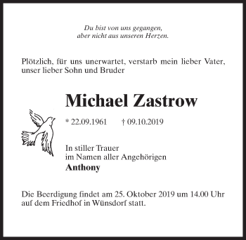 Traueranzeige von Michael Zastrow von Märkischen Allgemeine Zeitung