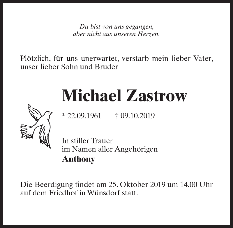  Traueranzeige für Michael Zastrow vom 19.10.2019 aus Märkischen Allgemeine Zeitung