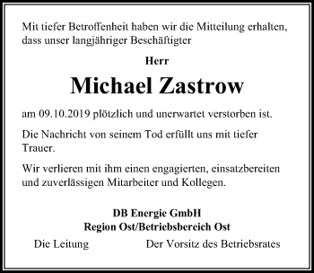 Traueranzeige von Michael Zastrow von Märkischen Allgemeine Zeitung