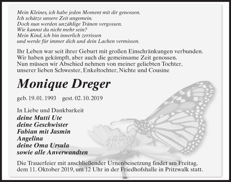  Traueranzeige für Monique Dreger vom 09.10.2019 aus Märkischen Allgemeine Zeitung