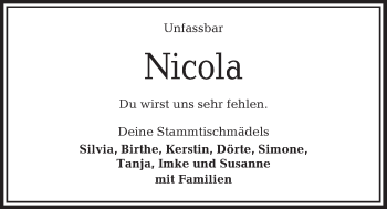 Traueranzeige von Nicola Schultheis von Kieler Nachrichten