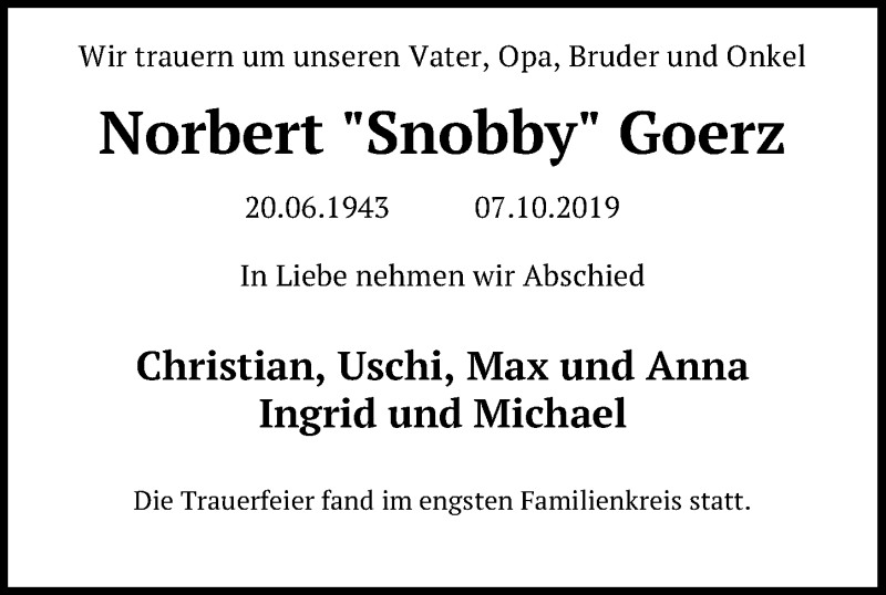  Traueranzeige für Norbert Goerz vom 20.10.2019 aus Lübecker Nachrichten