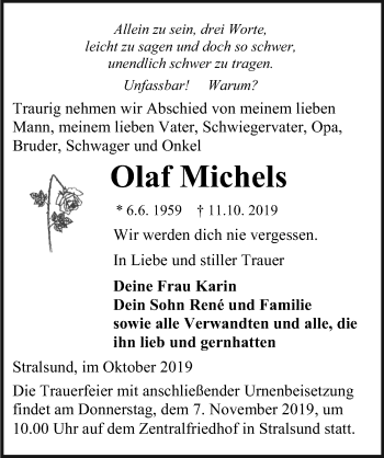 Traueranzeige von Olaf Michels von Ostsee-Zeitung GmbH