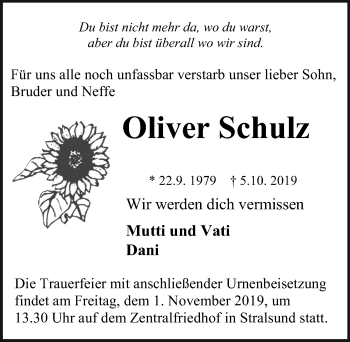 Traueranzeige von Oliver Schulz von Ostsee-Zeitung GmbH