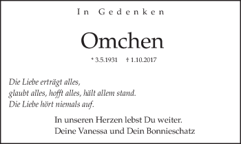 Traueranzeige von Omchen  von Göttinger Tageblatt