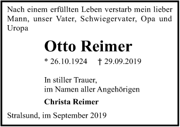 Traueranzeige von Otto Reimer von Ostsee-Zeitung GmbH