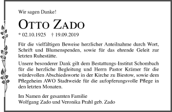 Traueranzeige von Otto Zado von Ostsee-Zeitung GmbH