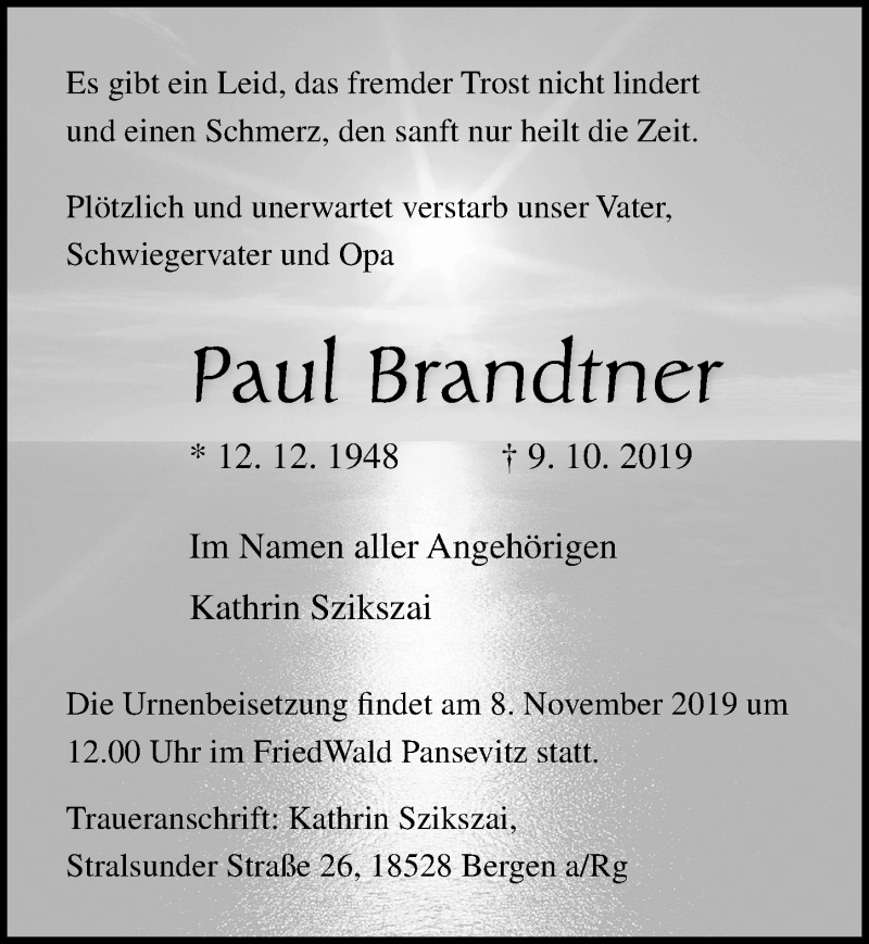  Traueranzeige für Paul Brandtner vom 19.10.2019 aus Ostsee-Zeitung GmbH
