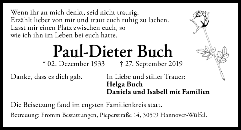  Traueranzeige für Paul-Dieter Buch vom 26.10.2019 aus Hannoversche Allgemeine Zeitung/Neue Presse