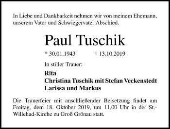Traueranzeige von Paul Tuschik von Lübecker Nachrichten