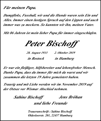 Traueranzeige von Peter Bischoff von Ostsee-Zeitung GmbH