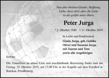 Traueranzeige von Peter Jurga von Lübecker Nachrichten