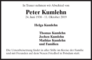 Traueranzeige von Peter Kumlehn von Märkischen Allgemeine Zeitung