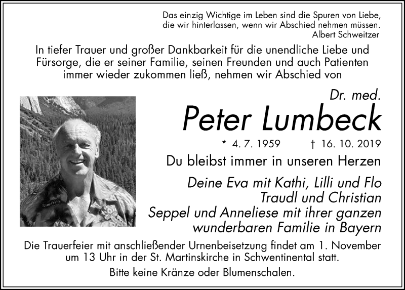  Traueranzeige für Peter Lumbeck vom 26.10.2019 aus Kieler Nachrichten
