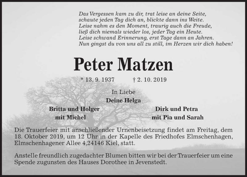  Traueranzeige für Peter Matzen vom 12.10.2019 aus Kieler Nachrichten