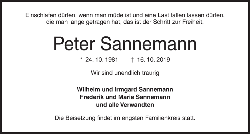  Traueranzeige für Peter Sannemann vom 30.10.2019 aus Kieler Nachrichten