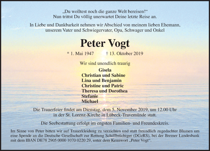  Traueranzeige für Peter Vogt vom 27.10.2019 aus Lübecker Nachrichten