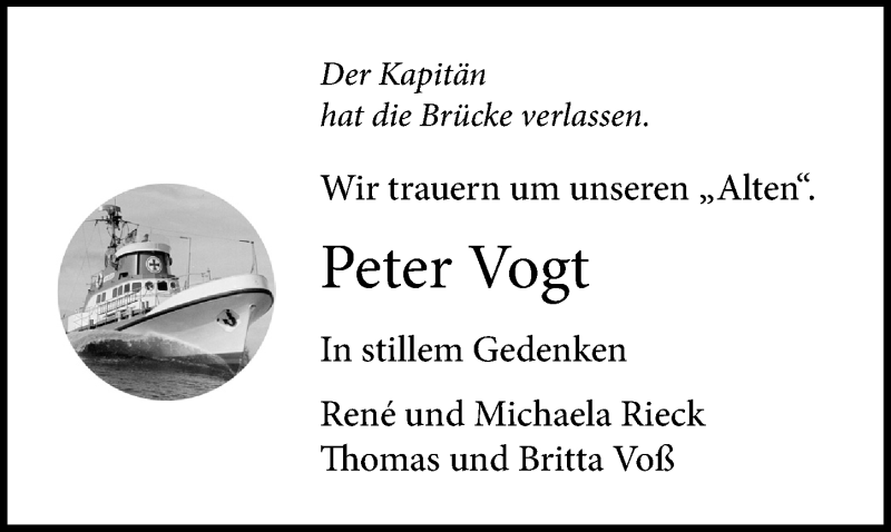  Traueranzeige für Peter Vogt vom 27.10.2019 aus Lübecker Nachrichten