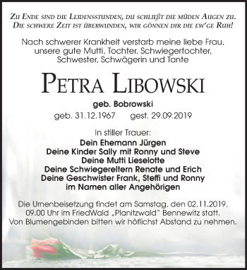 Traueranzeige von Petra Libowski von Leipziger Volkszeitung