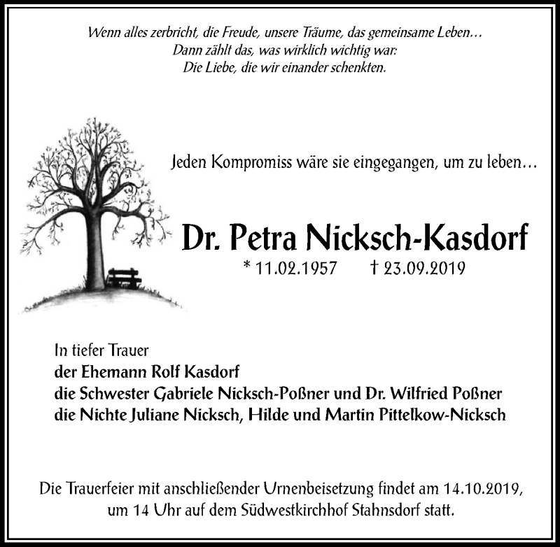  Traueranzeige für Petra Nicksch-Kasdorf vom 05.10.2019 aus Märkischen Allgemeine Zeitung