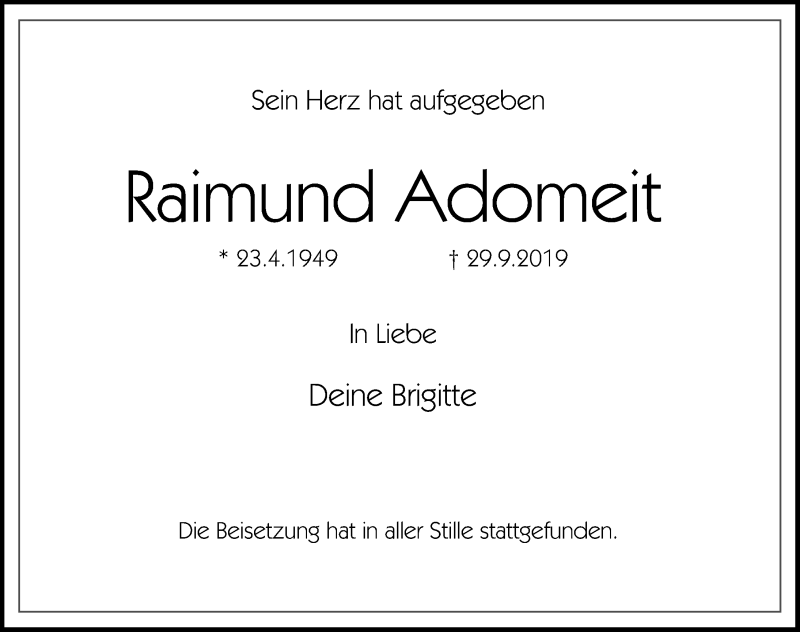  Traueranzeige für Raimund Adomeit vom 05.10.2019 aus Göttinger Tageblatt