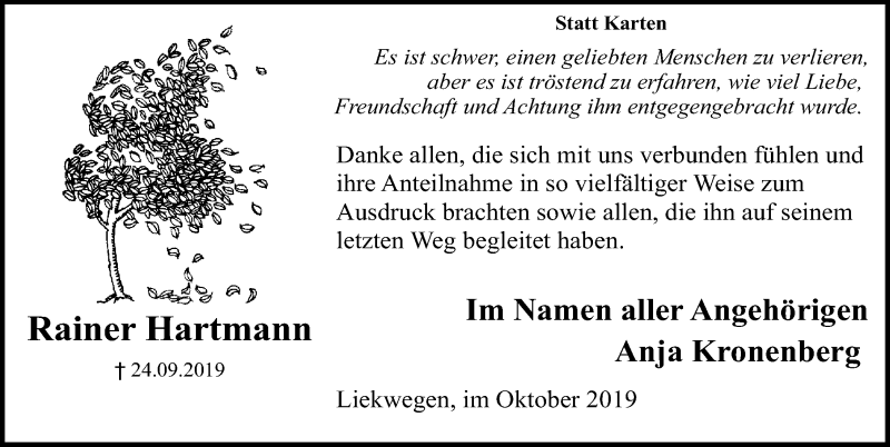  Traueranzeige für Rainer Hartmann vom 19.10.2019 aus Schaumburger Nachrichten