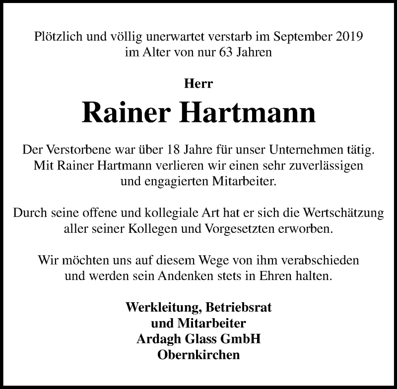  Traueranzeige für Rainer Hartmann vom 01.10.2019 aus Schaumburger Nachrichten