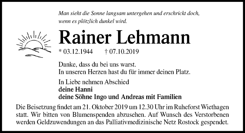  Traueranzeige für Rainer Lehmann vom 19.10.2019 aus Ostsee-Zeitung GmbH