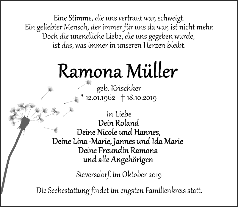  Traueranzeige für Ramona Müller vom 26.10.2019 aus Märkischen Allgemeine Zeitung