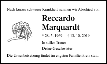 Traueranzeige von Reccardo Marquardt von Ostsee-Zeitung GmbH