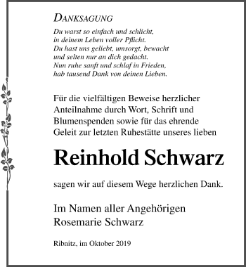 Traueranzeige von Reinhold Schwarz von Ostsee-Zeitung GmbH