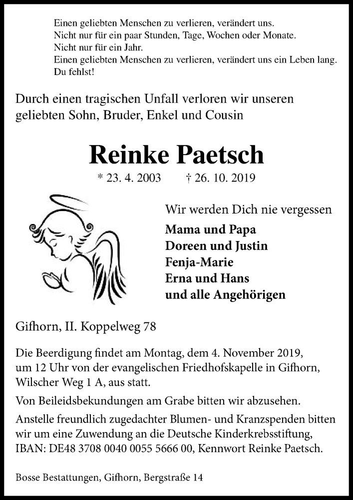  Traueranzeige für Reinke Paetsch vom 30.10.2019 aus Aller Zeitung