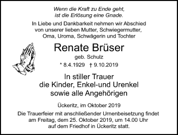 Traueranzeige von Renate Brüser von Ostsee-Zeitung GmbH