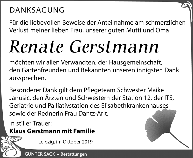  Traueranzeige für Renate Gerstmann vom 05.10.2019 aus Leipziger Volkszeitung