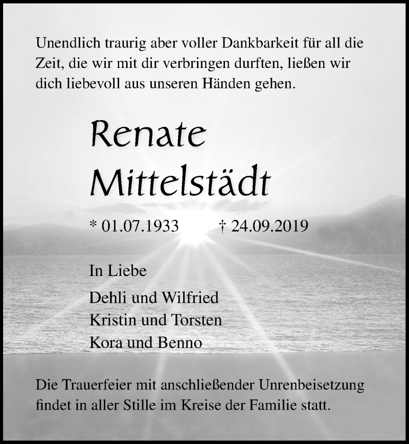  Traueranzeige für Renate Mittelstädt vom 12.10.2019 aus Ostsee-Zeitung GmbH