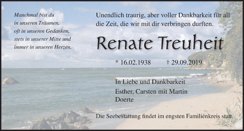  Traueranzeige für Renate  Treuheit vom 12.10.2019 aus Ostsee-Zeitung GmbH