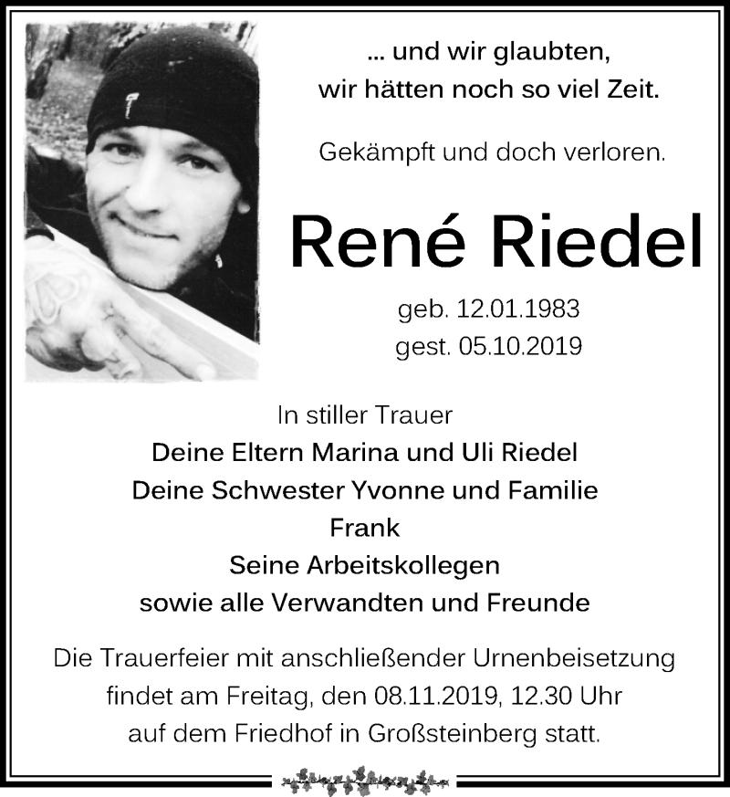  Traueranzeige für René Riedel vom 19.10.2019 aus Leipziger Volkszeitung