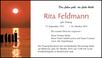 Traueranzeige von Rita Feldmann von Lübecker Nachrichten