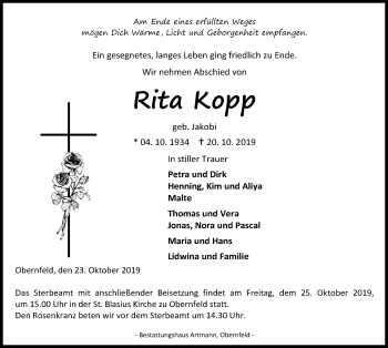 Traueranzeigen Von Rita Kopp Trauer Anzeigen De