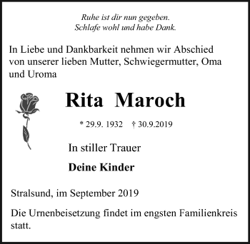 Traueranzeige von Rita Maroch von Ostsee-Zeitung GmbH