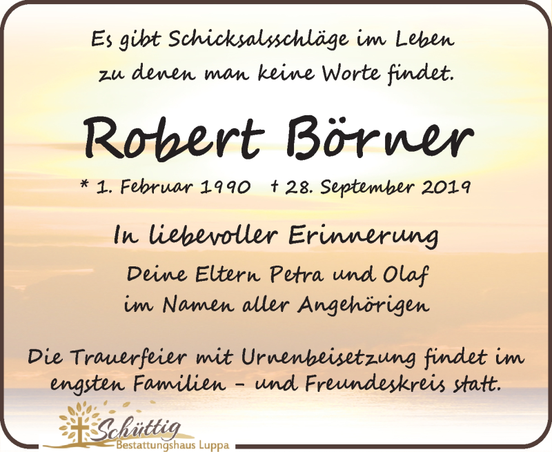 Traueranzeige für Robert Börner vom 12.10.2019 aus Leipziger Volkszeitung