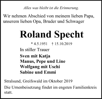 Traueranzeige von Roland Specht von Ostsee-Zeitung GmbH