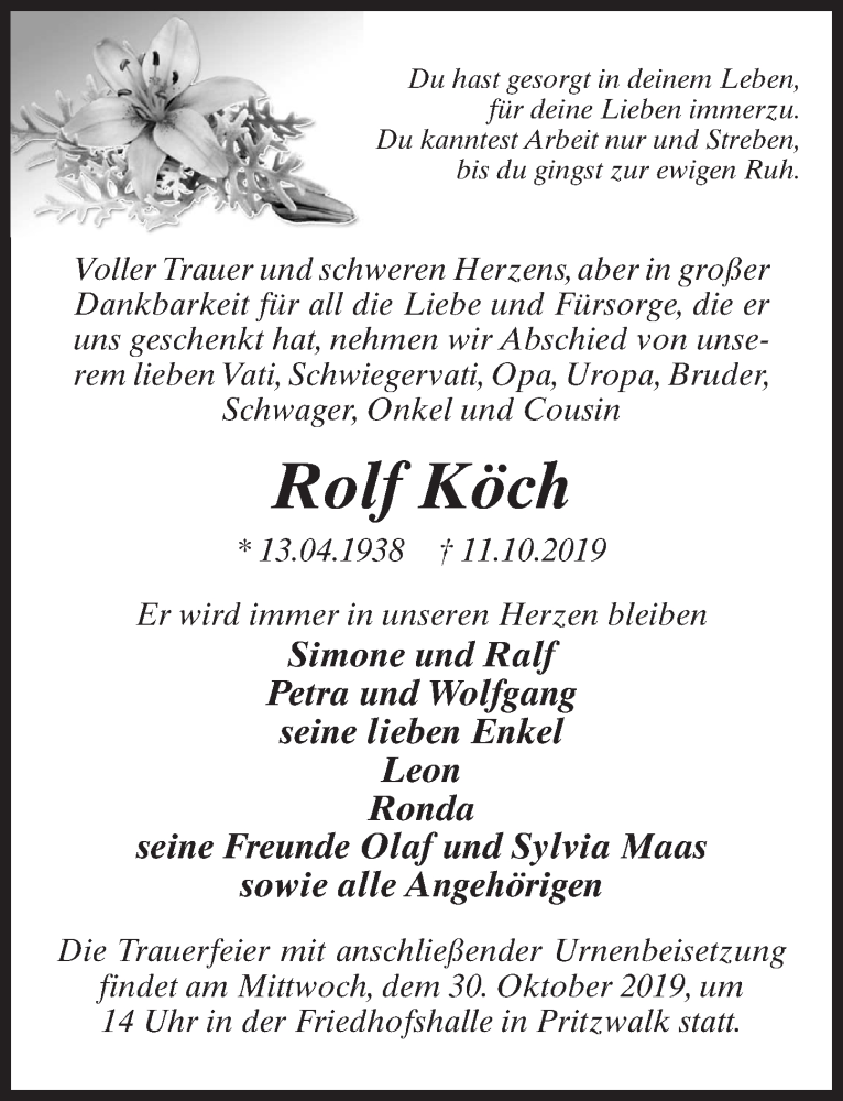  Traueranzeige für Rolf Köch vom 19.10.2019 aus Märkischen Allgemeine Zeitung