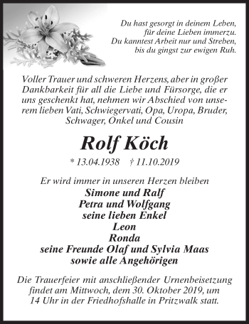 Traueranzeige von Rolf Köch von Märkischen Allgemeine Zeitung